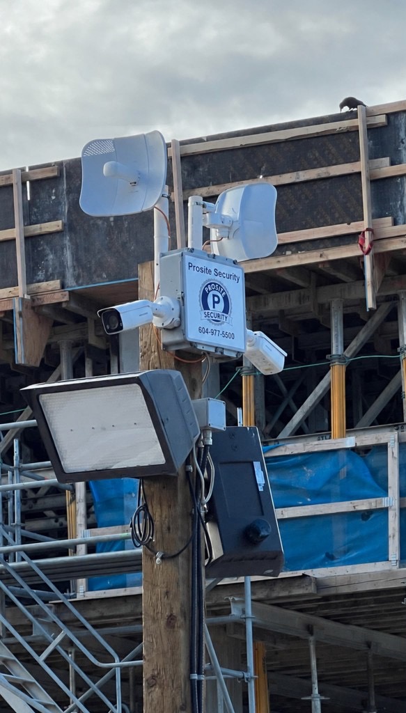 Prosite Security cameras and floodlight on a construction site pole
