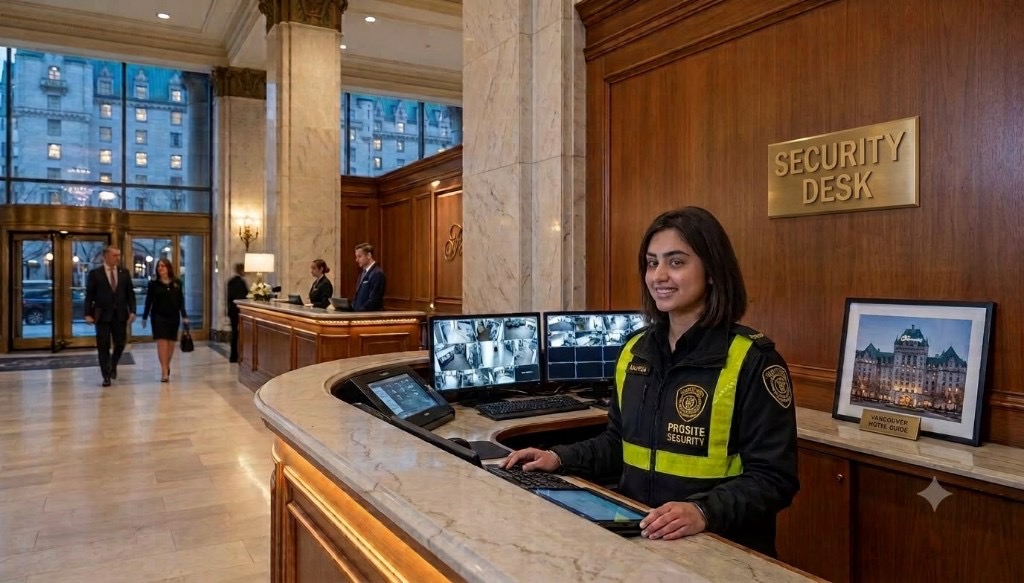 Prosite Security officer monitoring CCTV at a hotel security desk
