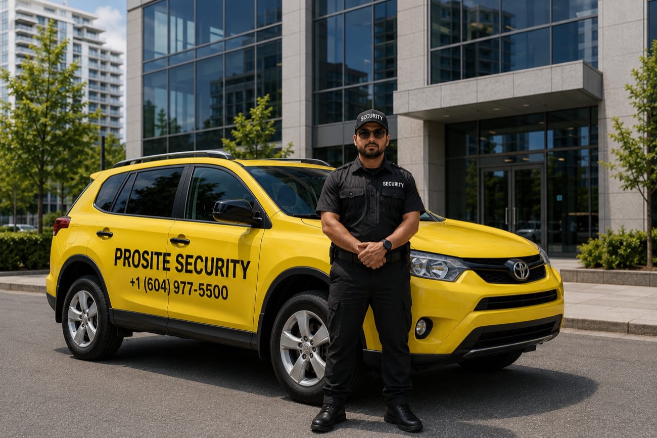 Prosite Security branded patrol vehicle with guard on site